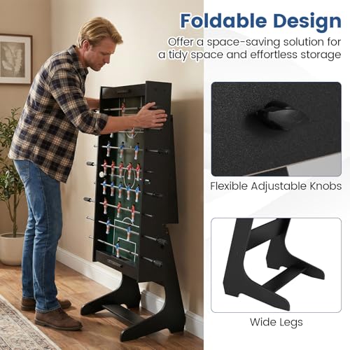 Goplus Folding Foosball Table, 48'' Full Competition Size Freestanding Soccer Game Table with 22 Players, 2 Balls, Space-Saving Foldable Arcade Table for Adults Family Game Night - color: Black