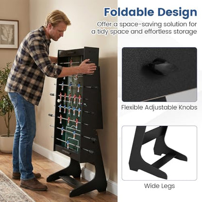 Goplus Folding Foosball Table, 48'' Full Competition Size Freestanding Soccer Game Table with 22 Players, 2 Balls, Space-Saving Foldable Arcade Table for Adults Family Game Night - color: Black