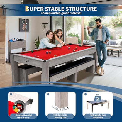 7FT 3-in-1 Pool Table - Convertible Billiard, Dining Table & Ping Pong | Includes Rolling Storage Cart, Cue Sticks, Balls, Table Tennis Set | Space-Saving Game Table for Home & Game Rooms - color: Red