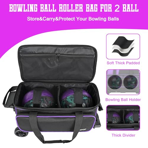 LARIPOP 2 Ball Bowling Roller Bag, Wheeled Bag with Shoe Compartment, Telescopic Handle & Padded Protection for Men Women - color: Purple