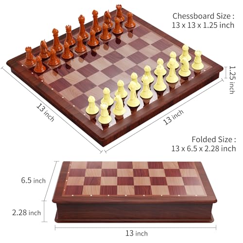 13 Inch Chess Set and Magnetic Chess Board – 2-in-1 Foldable Plastic Travel Board Game, Classic Strategy Toy for Kids, Adults, Beginners and Tournament Players - color: Wood Color