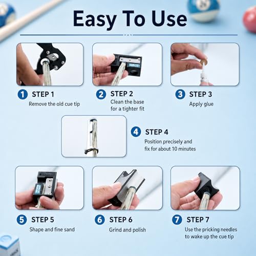 Pool Cue Tips Replacement Kit, 13mm Pool Stick Tips Replacement Kit Billiards Cue Tips Shaper Tools, Pool Cue Replacement Tips Repair Kit Billiard Pool Accessories - style: 8 in 1 shaper tools