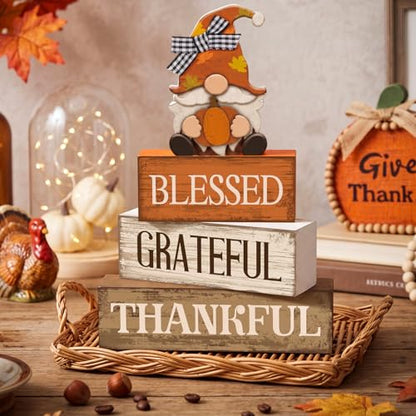 Lineshading 4 Pcs Wooden Farmhouse Tabletop Decor Rustic Home Tiered Tray Decor Decorative Farmhouse Table Decoration Home Block Signs Gift(Blessed Gnome) - style: Blessed Gnome