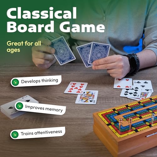 Cribbage Board Game Set with Storage – Wooden 4 Track Cribbage Board for 2–4 Players with Metal Pegs & Playing Cards – Classic Travel & Home Board Game