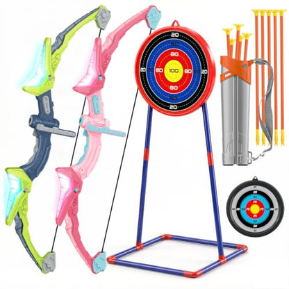 2 Pack Kids Bow and Arrow Set, LED Light Up Archery Set Toy for Kids with 2 Targets, 10 Suction Cup Arrows, Backyard Games, Indoor Outdoor Toys, 5 6 7 8 9 10 Year Old Boy Girl Christmas Birthday Gifts