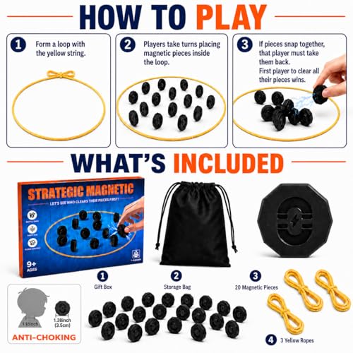 Magnet Game with String, 20 Full-Size Magnetic Stones & 3 Ropes, Portable Magnetic Chess Strategy Game for Family Game Night, Party, Travel, Camping, Kids, Teens & Adults