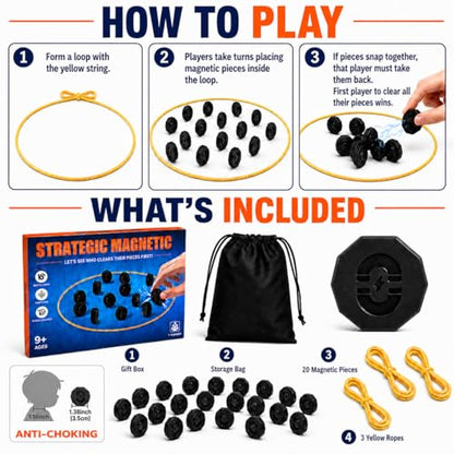 Magnet Game with String, 20 Full-Size Magnetic Stones & 3 Ropes, Portable Magnetic Chess Strategy Game for Family Game Night, Party, Travel, Camping, Kids, Teens & Adults