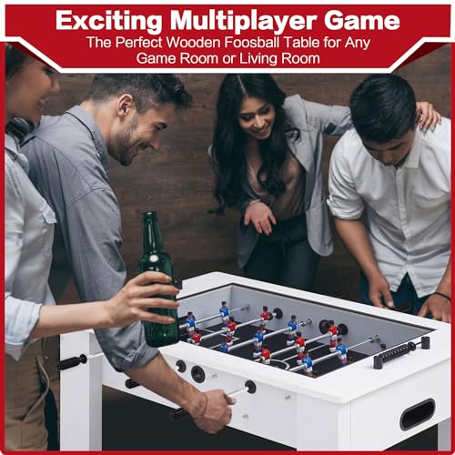 RAYKEEP Foosball Coffee Table, 2-in-1 Soccer Game Table and Coffee Table, Modern Multi Game Table with 2 Balls, Tempered Glass, for Living Room, Family Entertainment Center (White)