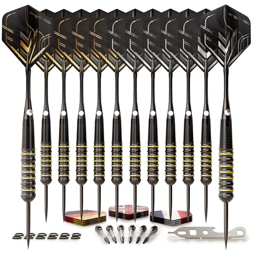 CC-Exquisite Darts Set | Professional 12 X 20/22g Metal Tip Darts | Steel Tip Darts with 24 Flights & 18 Aluminum shafts + Dart Tool, Rubber O-Rings - color: Gold