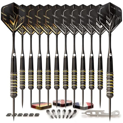 CC-Exquisite Darts Set | Professional 12 X 20/22g Metal Tip Darts | Steel Tip Darts with 24 Flights & 18 Aluminum shafts + Dart Tool, Rubber O-Rings - color: Gold