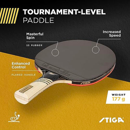 STIGA Carbon+ Bundle Ping Pong Paddle Set – 7-ply Extra Light Carbon Fiber Blade – 2mm Premium Sponge – Concave Pro Handle – 2 3-Star Tournament Balls – Neoprene Racket Cover – Player Wristband - color: Red Cover