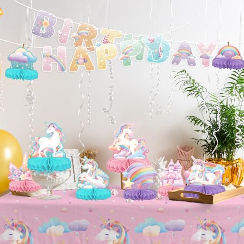 Unicorn Birthday Party Supplies Set - Rainbow Table Decorations with Honeycomb Centerpiece for Unicorn Party Decorations - style: Unicorn
