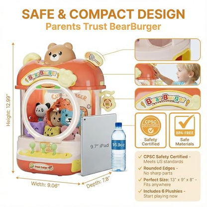 Burger Bear Claw Machine for Kids, Arcade Prize Grabber with 3-Joystick Coin-Style Controls, Lights and Music, Refillable Birthday Party Gift - color: Orange and Yellow