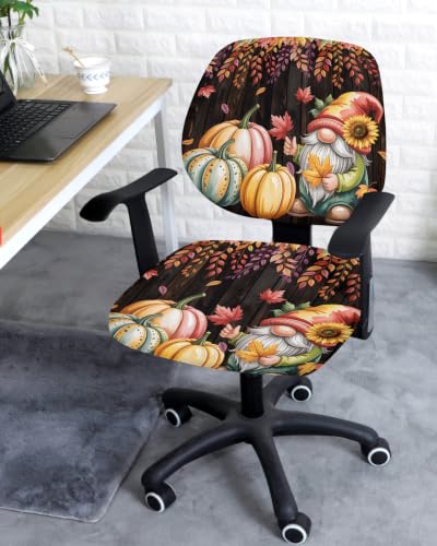 Savannan Office Chair Cover, Autumn Maple Leaf Gnome Pumpkin Protective Stretch Elastic Universal Cover for Desk Task Chair,Computer Rotating Chair 1 Pcs Vintage Brown Wood