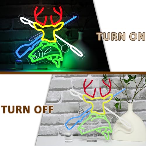 Deer Hunting Neon Sign for Wall Decor, Deer Head Led Signs for Bedroom, USB Dimmable Fish Hook Neon Lights for Man Cave Cabin Wall Accent Bar Home Pub Wildlife Hunting Wall Art - style: Deer Fish