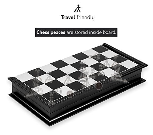 Magnetic Travel Chess Set Game with Folding Board Portable and Storage Compartment – Great Travel Toy Set by Big Mo’s Toys 9.7"