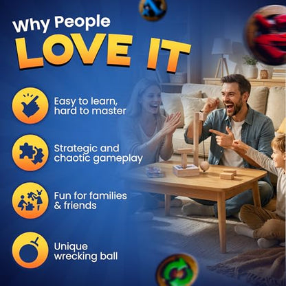 wreckingball Tower Stack Game - Ultimate Stacking Tower Game Adult & Family - Strategy Block Games for Kids & Adults - Tumbling Tower with Action Cards & Wrecking Ball - Fun Party & Block Game Set
