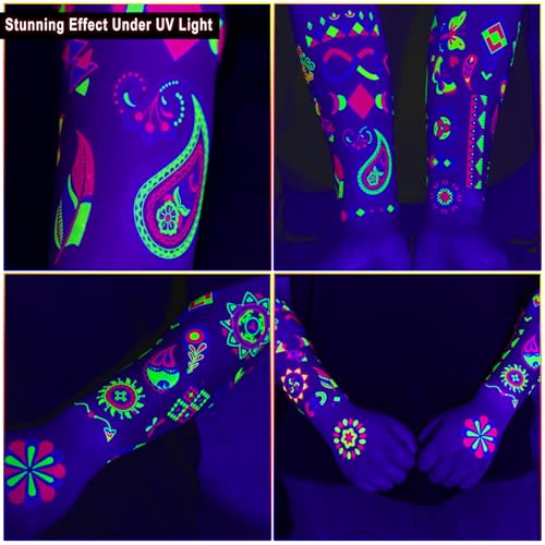 Ozepao 20 Sheets Glow in The Black Light Temporary Tattoos, Glow Party Supplies for Adults and Kids, 160+ Neon UV Glow Fluorescent Designs, Perfect for Neon Raves, Festivals, Birthday Parties and More