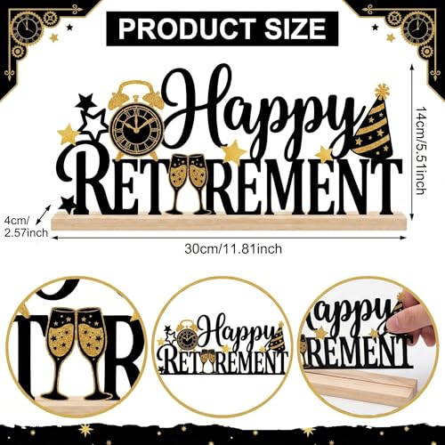 Happy Retirement Party Table Decorations Black and Gold Metal Table Sign with Wooden Base Happy Retirement Gift for Women Men Coworker Tabletop Centerpieces for Home Mantel Shelf Desk - style: Happy Retirement
