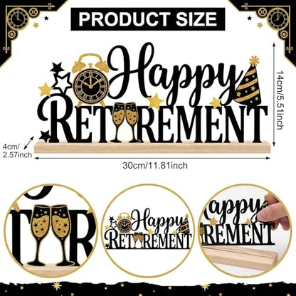 Happy Retirement Party Table Decorations Black and Gold Metal Table Sign with Wooden Base Happy Retirement Gift for Women Men Coworker Tabletop Centerpieces for Home Mantel Shelf Desk - style: Happy Retirement