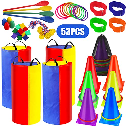53 Pieces Outdoor Lawn Game Carnival Toss Set Potato Sack Race Bags Egg and Spoon Race Party Ring Bean Bag Tossing Cones Prizes for Adult Family Birthday Party Outdoor Game Supplies