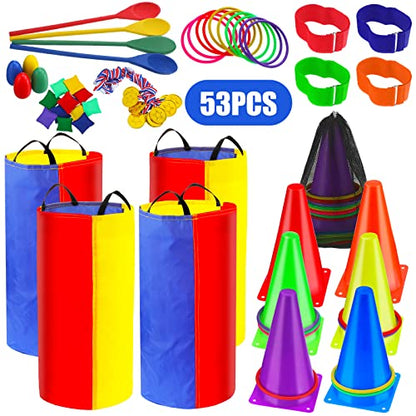 53 Pieces Outdoor Lawn Game Carnival Toss Set Potato Sack Race Bags Egg and Spoon Race Party Ring Bean Bag Tossing Cones Prizes for Adult Family Birthday Party Outdoor Game Supplies