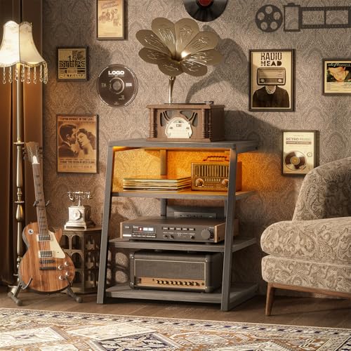 Besiost AV Media Stand with Outlets, Media Console with LED Lights, Stereo Racks and Stands with Storage Shelves, Media Audio Tower Stand, Light Grey Walnut - color: Grey Walnut