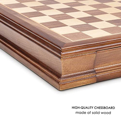 AMEROUS 12.8" x 12.8" Magnetic Wooden Chess Set with 2 Built-in Storage Drawers - 2 Bonus Extra Queens - Gift Packaging - Staunton Chess Pieces, Board Games Chess Sets for Adults and Kids