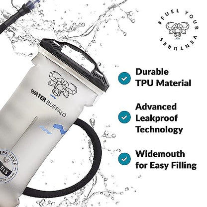 Water Buffalo Oasis Hydration Bladder – 2L and 3L Water Bladder for Hiking Backpack, Leakproof Design with Insulated Hose and High-Flow Bite Valve - size: 3 Liter with Cleaning Kit