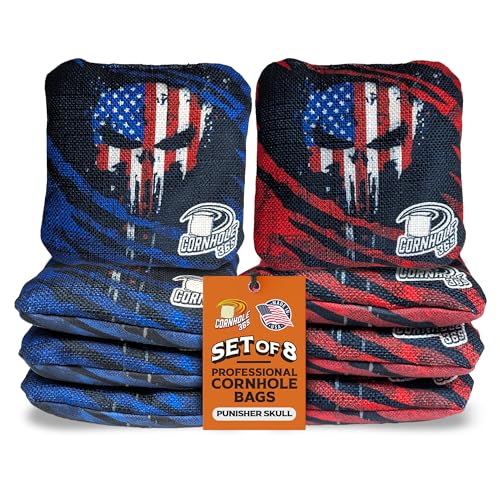 Cornhole365 - Stick & Slide - Professional Corn Hole Bag - Heavy-Duty Double-Stitched Polyester Fabric & Resin Filling for All-Weather - Versatile Regulation Size Cornhole Bean Bags - Set of 8 - color: Punisher