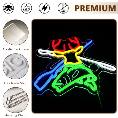 Deer Hunting Neon Sign for Wall Decor, Deer Head Led Signs for Bedroom, USB Dimmable Fish Hook Neon Lights for Man Cave Cabin Wall Accent Bar Home Pub Wildlife Hunting Wall Art - style: Deer Fish
