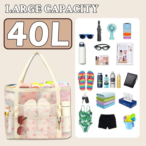 GYEUKHAM Mesh Beach Bag for Women, Sand-Resistant Pool Tote, 9 Pockets (1 Inner Zip), Foldable Family Travel Essentials - color: L-pink Butterfly