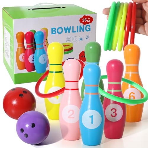 Dinhon Wooden Kids Bowling Set for Toddlers Infants Ages 2-5 - 6 Pins & 2 Balls & 6 Ferrules, Educational Early Development Indoor Outdoor Games for Boys Girls