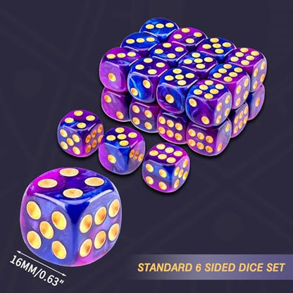 24 of Pack 16MM 6 Sided Dice Set,Two Colours D6 Game Dice Set, 6 Sided Standard Dices for Yahtzee, Bunco or Teaching Math,with Portable Dice Pouch(Purple and Blue) - color: 16mm Purple and Blue