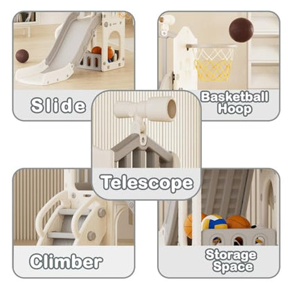 YUFU 5 in 1 Toddler Slide, Kids Slide with Climber, Basketball Hoop and Ball, Outdoor Indoor Playset for Toddlers Age 1-3 (Beige+Gray) - color: Beige+gray