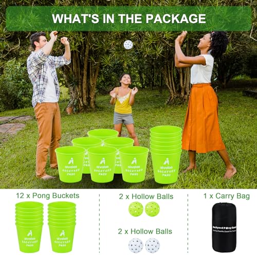 Aivalas Yard Pong Outdoor Games Glow Set in Dark, Giant Yard Pong Game for Adults and Family with 12 Buckets, 4 Balls and a Carrying Bag, Giant Pong for Beach, Camping, Lawn and Backyard - color: Green Glow in Dark