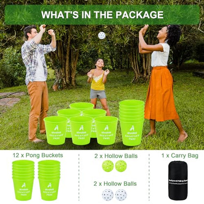 Aivalas Yard Pong Outdoor Games Glow Set in Dark, Giant Yard Pong Game for Adults and Family with 12 Buckets, 4 Balls and a Carrying Bag, Giant Pong for Beach, Camping, Lawn and Backyard - color: Green Glow in Dark