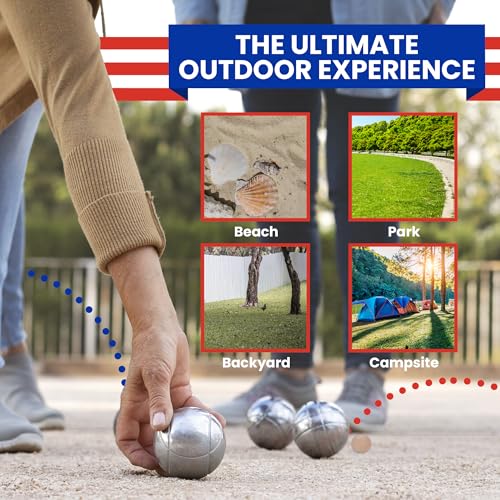 Idle Banter Boules Game Set - Flag Themed Carrying Case with 8 Premium 73 mm Petanque Balls, Fun & Portable Outdoor Lawn Game for All Ages, Classic French Sport for Skill & Strategy