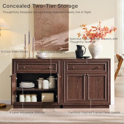 ACCOHOHO Modern Farmhouse Buffet Cabinet, 31.5" Sideboard Credenza, Modular Storage Cabinet with Framed Panel Fronts, Adjustable Shelves & Dual Base Design, Natural Walnut - color: Natural Walnut, size: 1 Piece