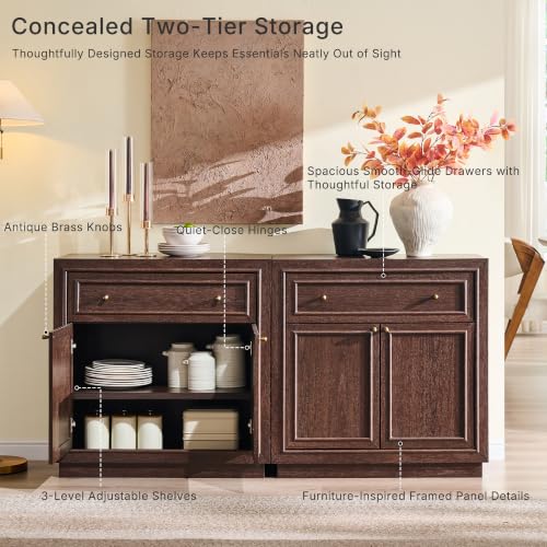 ACCOHOHO Modern Farmhouse Buffet Cabinet, 126" Sideboard Credenza, Modular Storage Cabinet with Framed Panel Fronts, Adjustable Shelves & Dual Base Design, Natural Walnut - color: Natural Walnut, size: 4 Piece