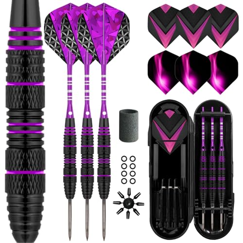 Dart Metal Tip Set 3 Aluminum Dart Shafts Steel Tip Dart Set Professional Darts Steel Tip Set + Extra 3 Dart Flights 3 Replace Plastic Shafts - color: black purple