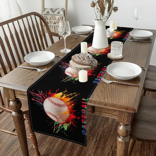 Erosebridal Baseball Table Runners,3D Graffiti Baseball Table Runner,Sports Game Rectangular Runner Tabletop Decor,White Orange Black,13x90 Inch - size: 13" X 90"