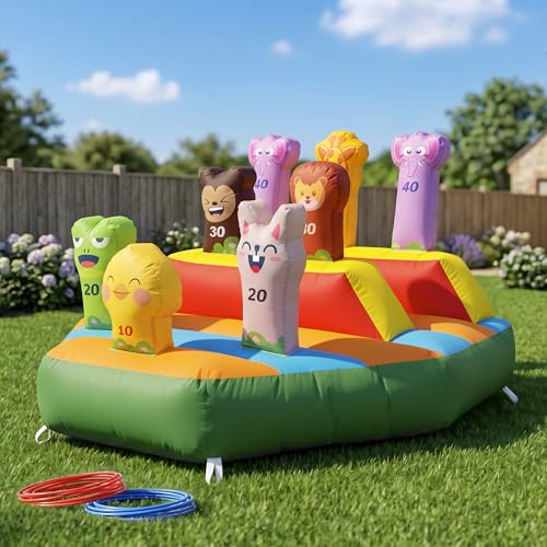 6FT Inflatable Ring Toss Game with 20 Rings & Built-in Blower, Inflatable Carnival Toss Game for Backyard, Camping, Event, Family Party