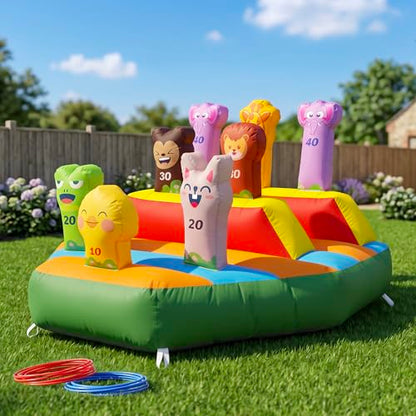 6FT Inflatable Ring Toss Game with 20 Rings & Built-in Blower, Inflatable Carnival Toss Game for Backyard, Camping, Event, Family Party