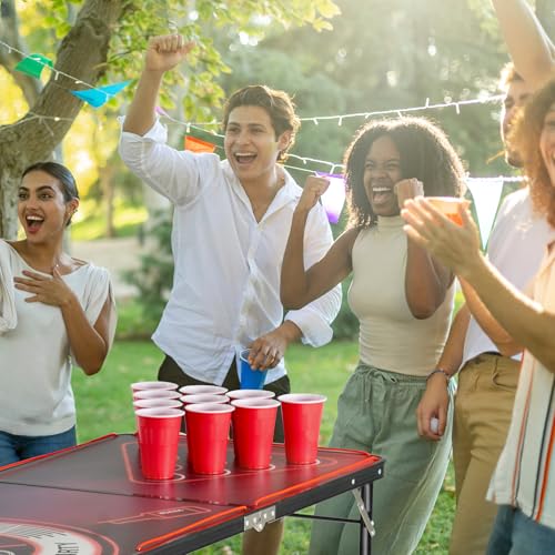 VEVOR 8 Foot Portable Beer Pong Table, LED Lights, Foldable Tailgate Desk with Carrying Handles and 6 Pong Balls, Adjustable Height, Lightweight, for Office, Tailgate Party, Travel & Camping