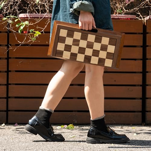 15.5'' Deluxe Solid Wood 3-in-1 Chess Set: Portable Chess, Backgammon, and Checkers with Hollow Handle Box, Folding Board for Travel, Suitable for Adults