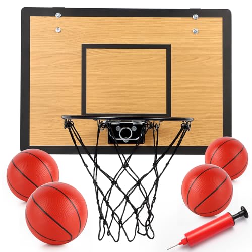 Mini Basketball Hoop for Kids,Durable Wooden Over The Door Basketball Hoop Indoor,Mini Hoops with 4 Balls and Pump for Teens and Adults