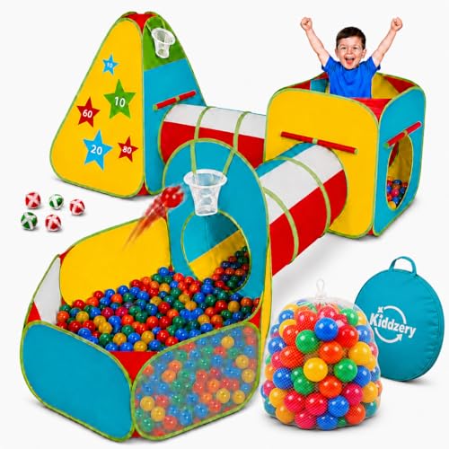 5pc Kids Play Tent for Toddlers with Ball Pit, Crawl Tunnel, Indoor & Outdoor Playhouse, Jungle Gym, Toys for Boys & Girls, Includes Dart Balls, Teepee & Basketball Hoops, (with 50 Balls) - color: 5 Pc With Balls