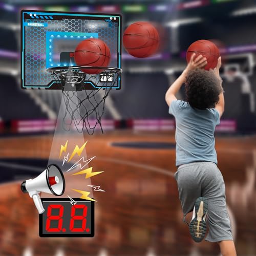 Indoor Mini Basketball Hoop for Kids, Over The Door Basketball Hoop with LED Lighting & 3 Balls, Mini Hoop Basketball Gifts for 4 5 6 7 8 9 10 11 12 Year Old Teen Boys Toys Christmas Birthday Gift
