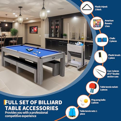 7FT 3-in-1 Pool Table - Convertible Billiard, Dining Table & Ping Pong | Includes Rolling Storage Cart, Cue Sticks, Balls, Table Tennis Set | Space-Saving Game Table for Home & Game Rooms - color: Blue